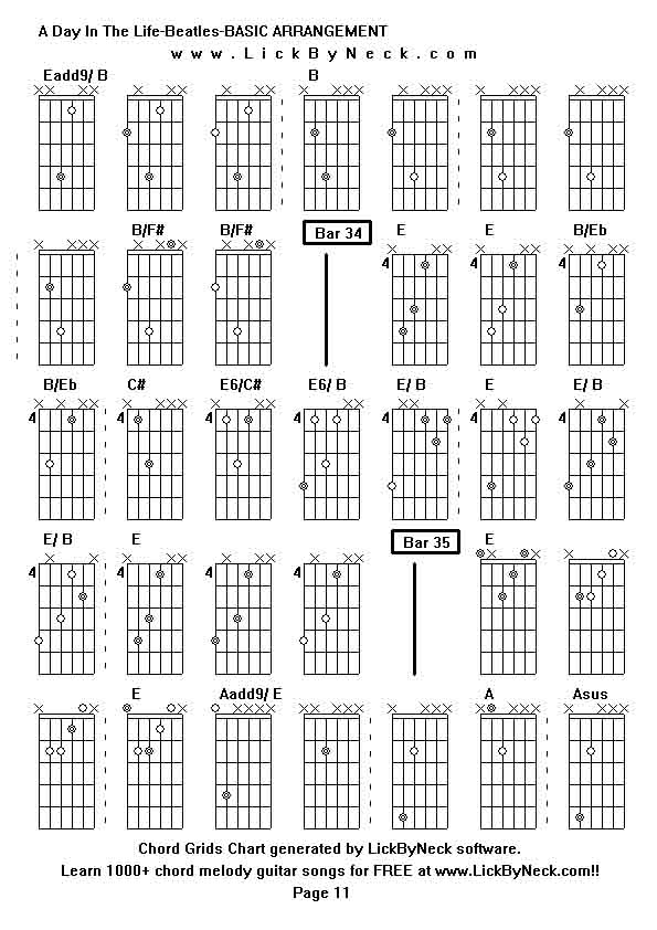 Chord Grids Chart of chord melody fingerstyle guitar song-A Day In The Life-Beatles-BASIC ARRANGEMENT,generated by LickByNeck software.